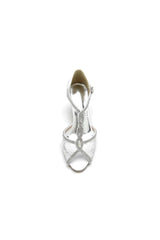 Ivory Leather Heels Adorned with Lace and Rhinestone Accents
