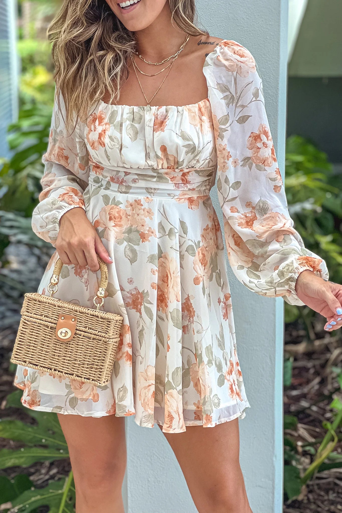 Cream And Coral Floral Short Dress With Tie Back