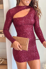 Burgundy Sequin Short Dress With Cut Out And Long Sleeves