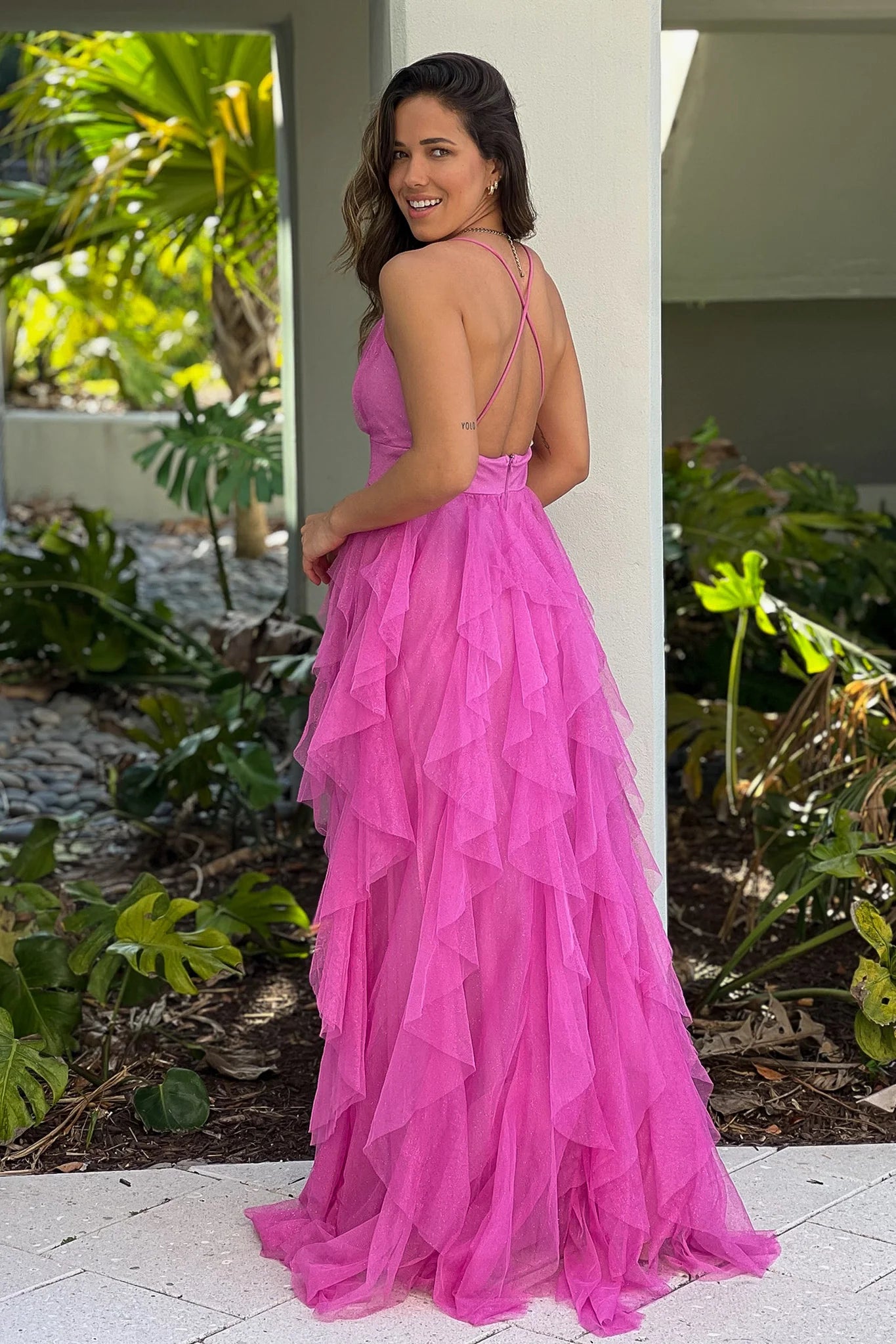 Pink Mesh Ruffled Maxi Dress With Slit