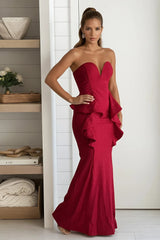 Red Mermaid Maxi Dress With Ruffled Detail