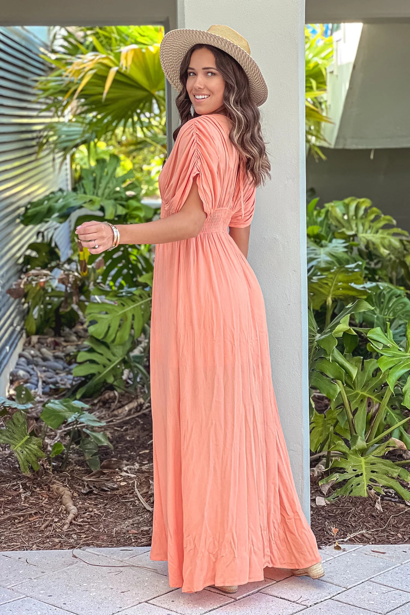 Melon Maxi Dress With Short Sleeves