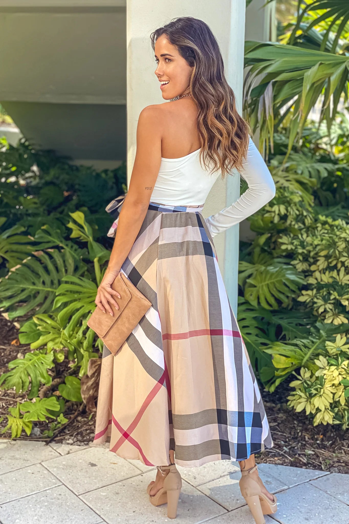 White And Mocha Plaid Midi Dress