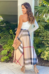 White And Mocha Plaid Midi Dress