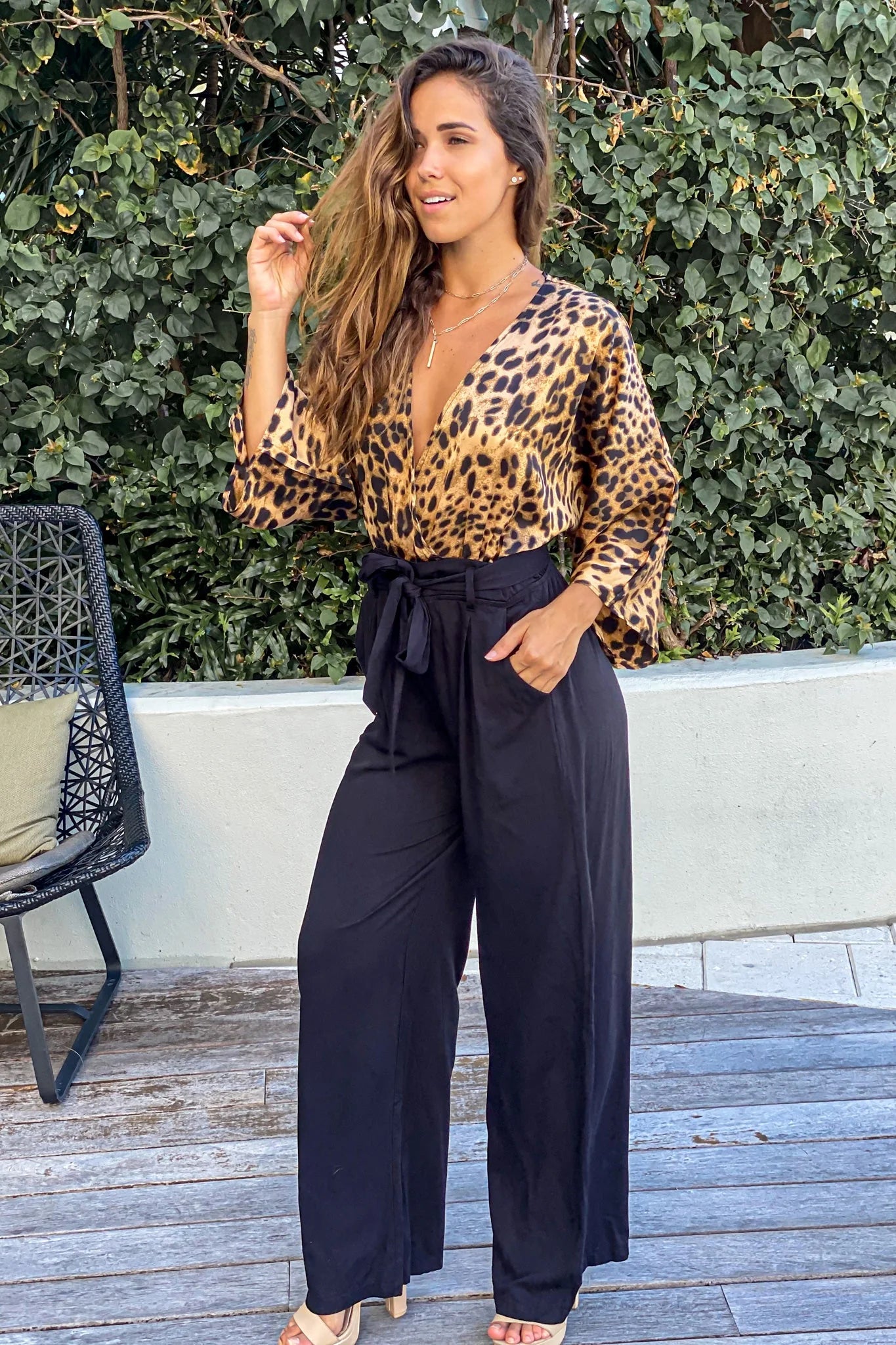 Black And Leopard Woven Jumpsuit With Pockets