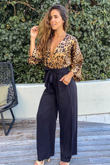 Black And Leopard Woven Jumpsuit With Pockets