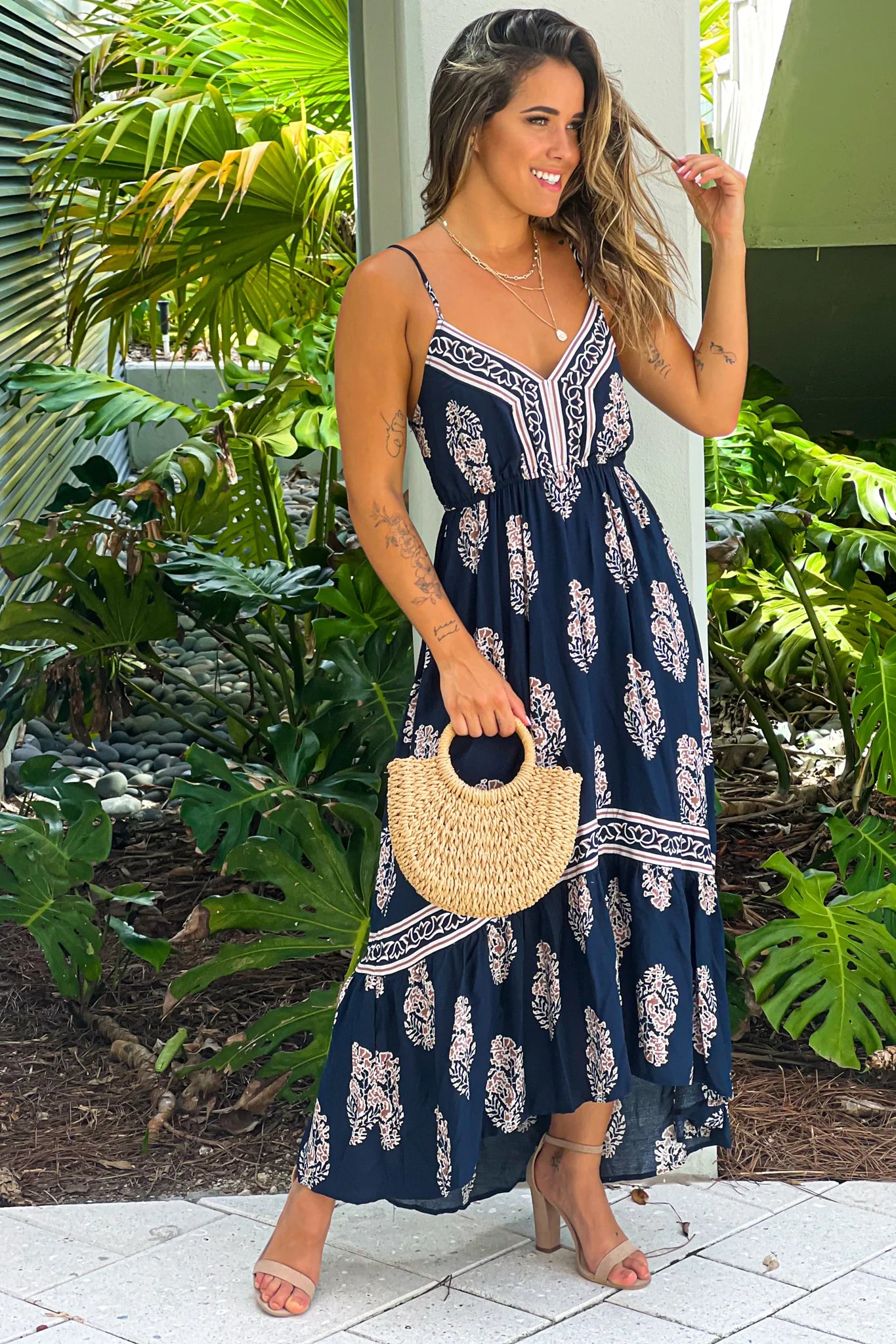 Navy Printed V Neck High Low Dress