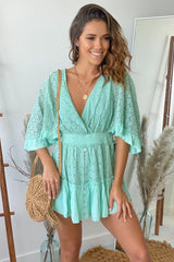Mint Lace Romper With Bell Sleeves