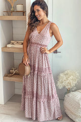 Mauve Printed V Neck Maxi Dress With Crochet Trim