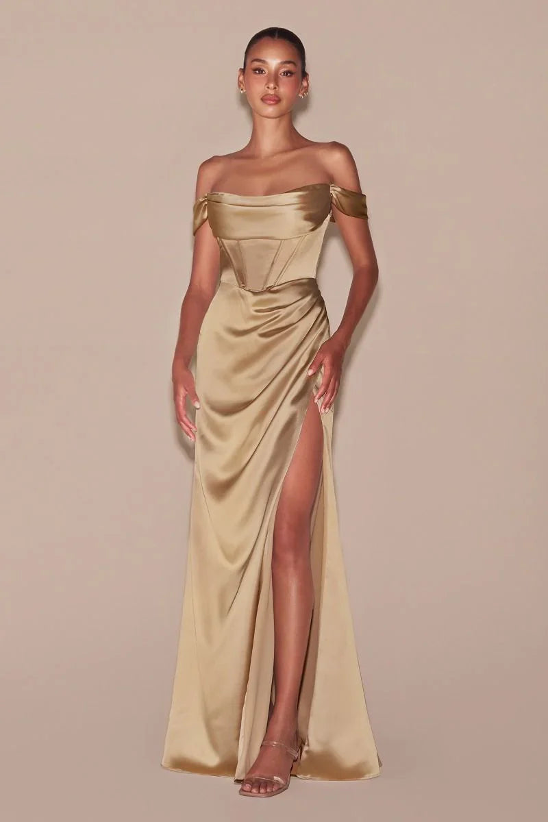 MABEL GOWN OFF THE SHOULDER LUXE SATIN CORSET DRESS