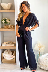 Black V Neck Jumpsuit With Pleated Sleeves
