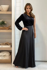 Black One Shoulder Velvet Top Maxi Dress