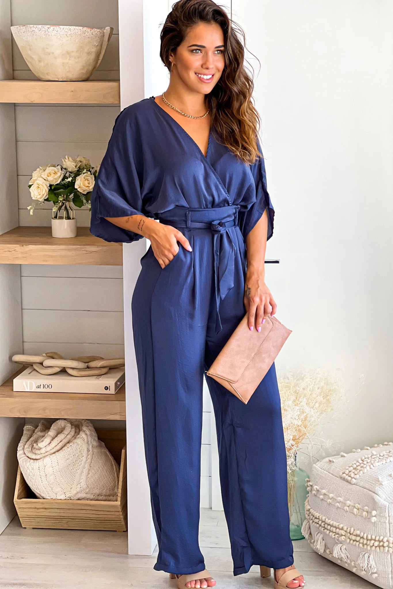Navy Woven Jumpsuit With Pockets