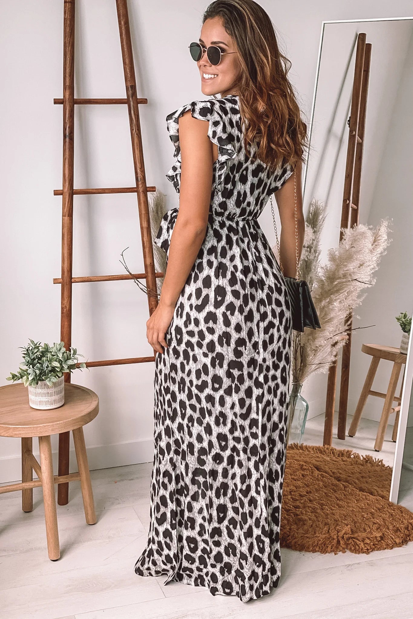 Black Leopard Maxi Dress With Buttons
