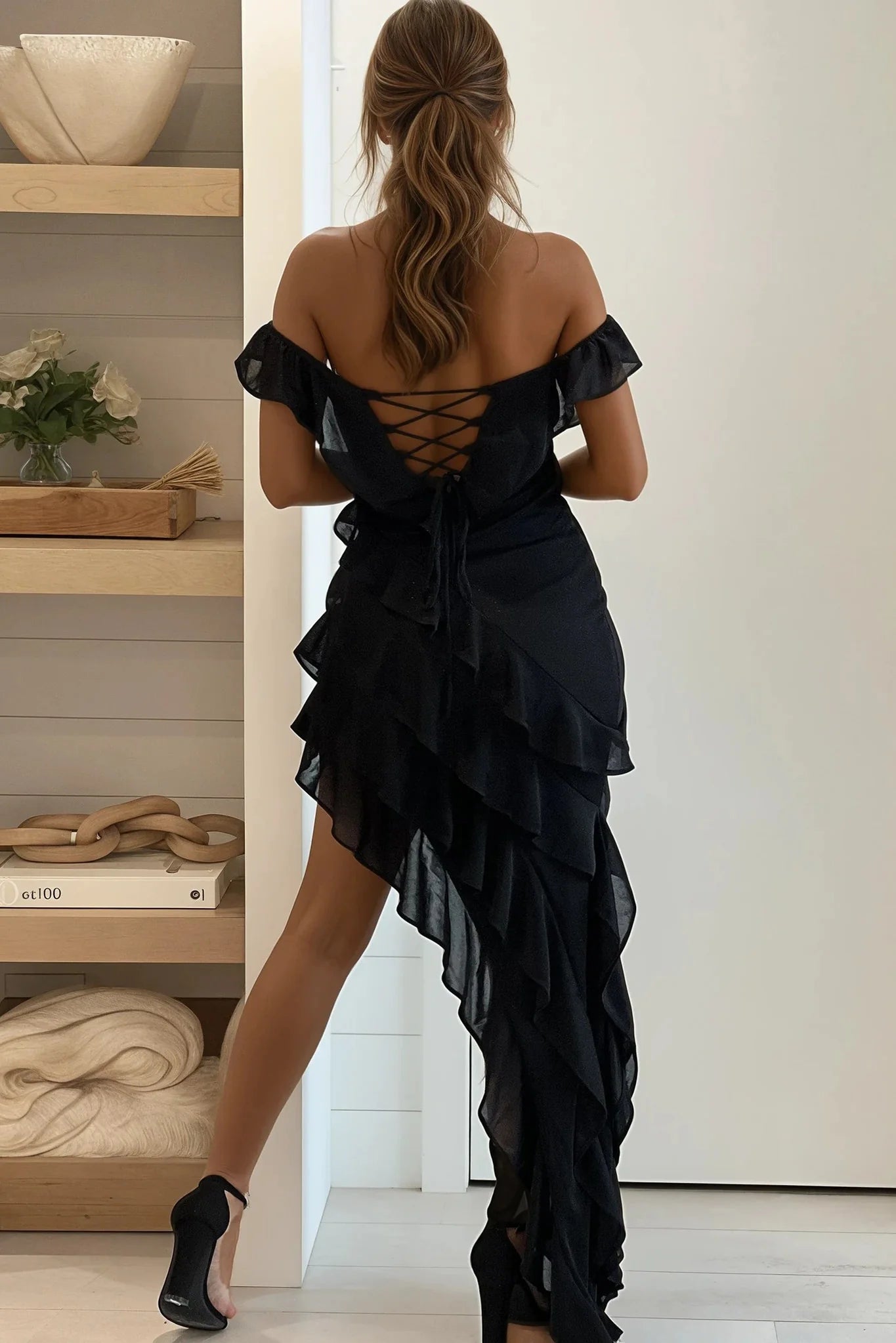 Black Shimmer Off Shoulder Asymmetrical Dress