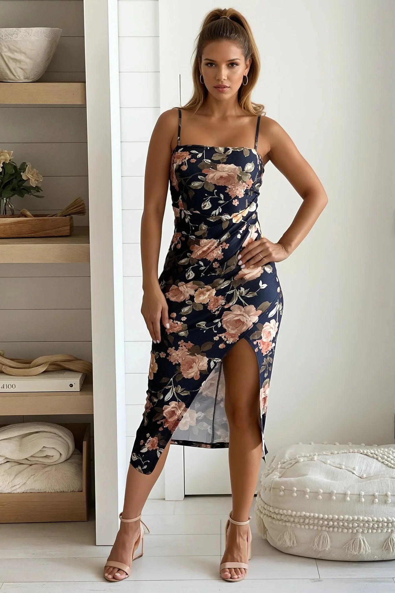 Navy Satin Floral Midi Dress