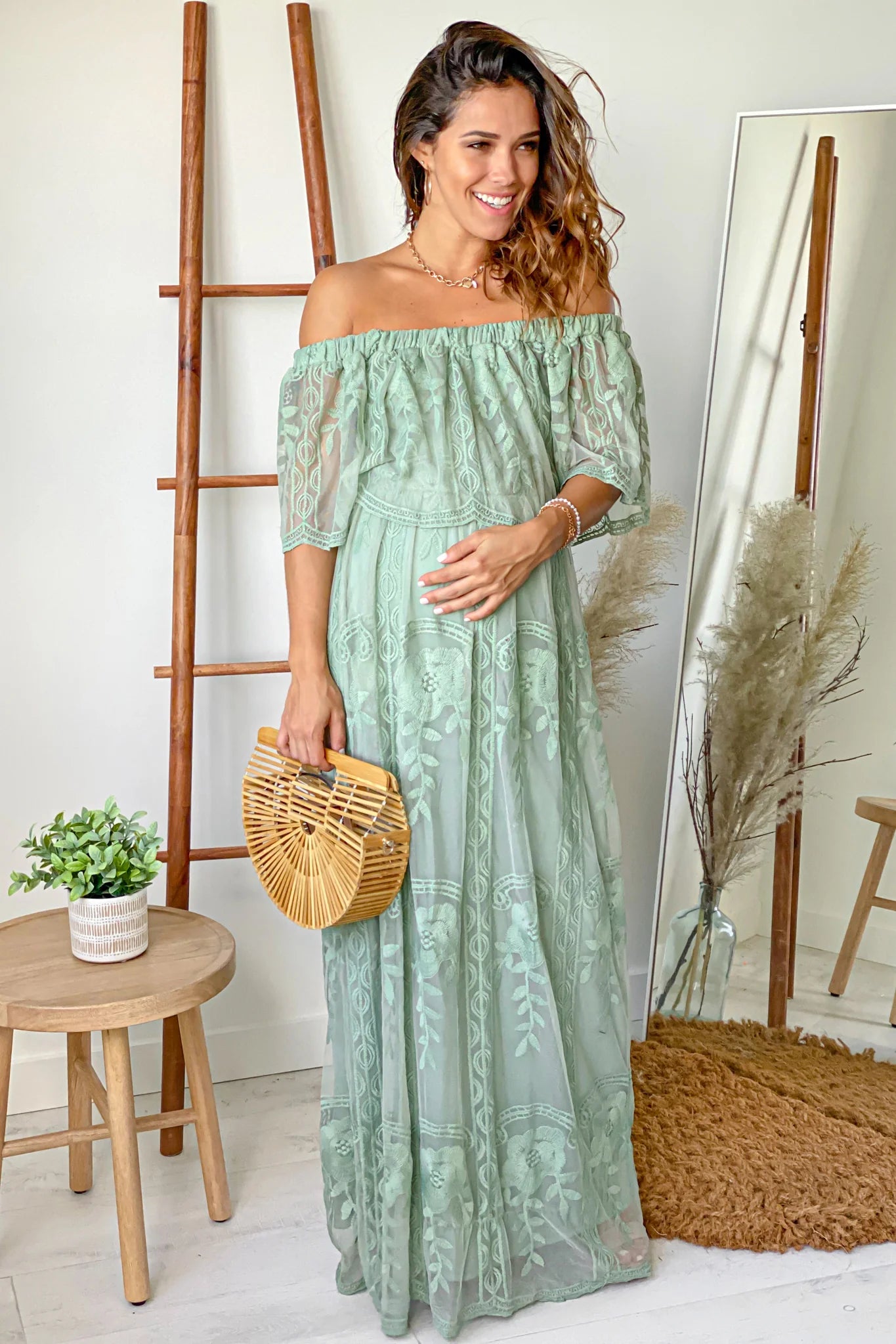 Sage Lace Off Shoulder Maternity Maxi Dress