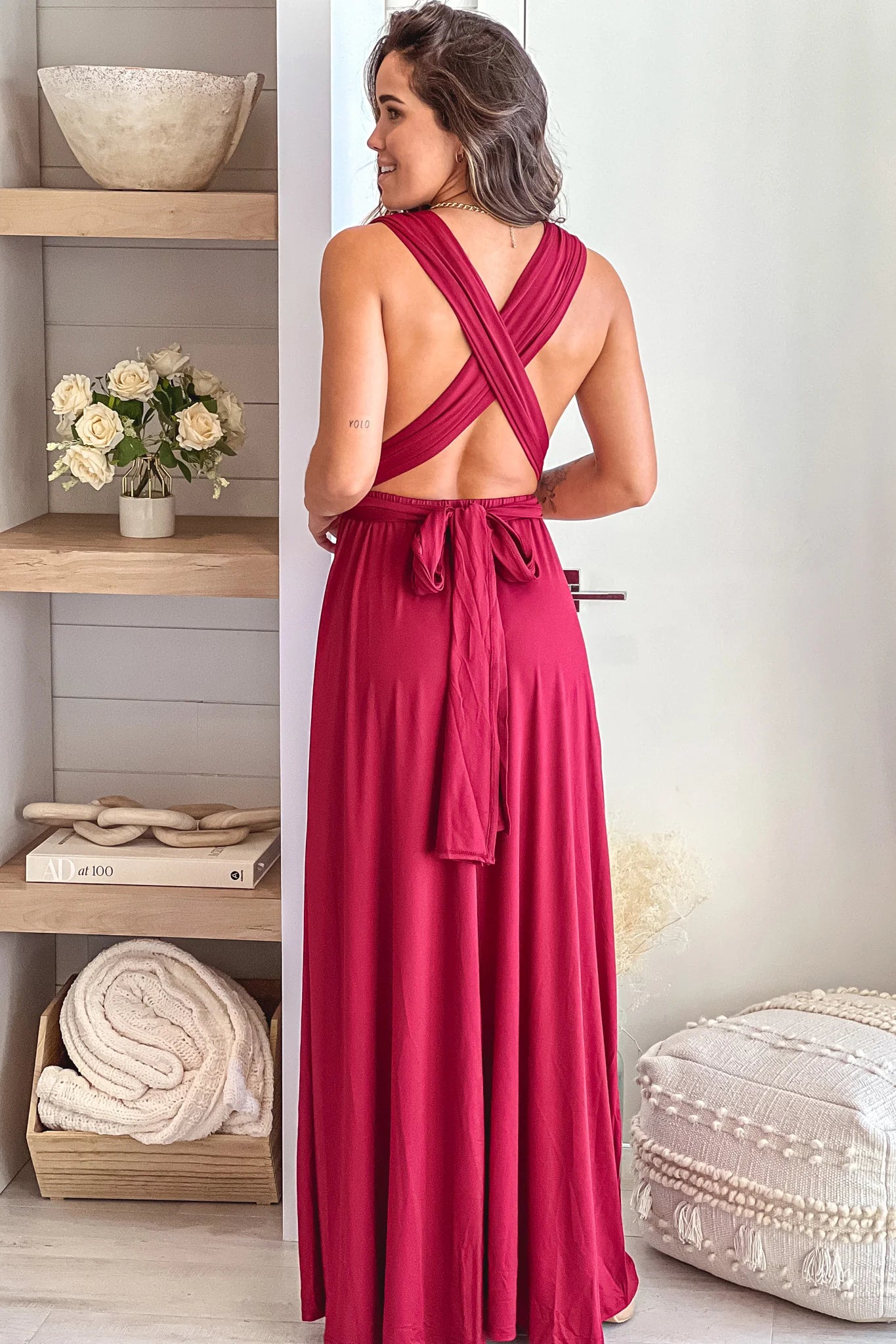 Burgundy Multi Tie Maxi Dress With Slit