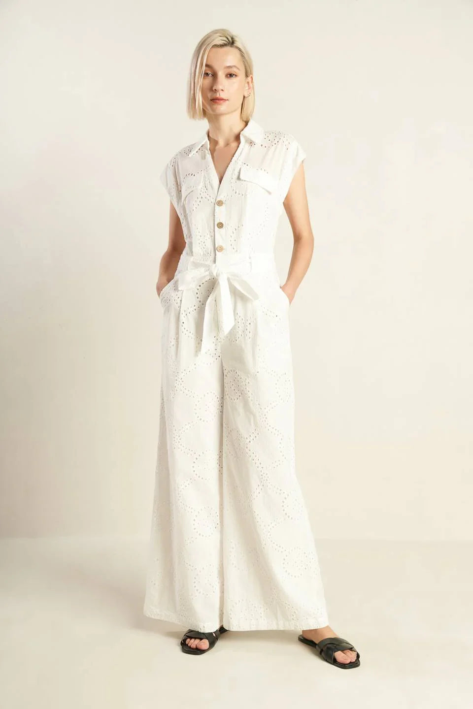 KNOW BETTER WHITE EYELET JUMPSUIT
