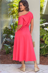 Rose One Shoulder Midi Dress With Tie Waist