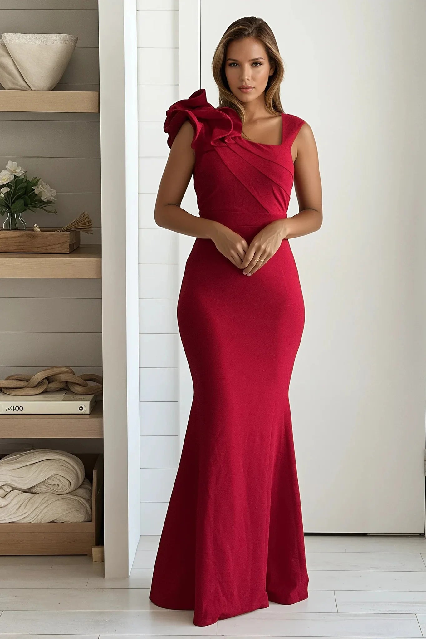 Red Layered Ruffled One Shoulder Maxi Dress
