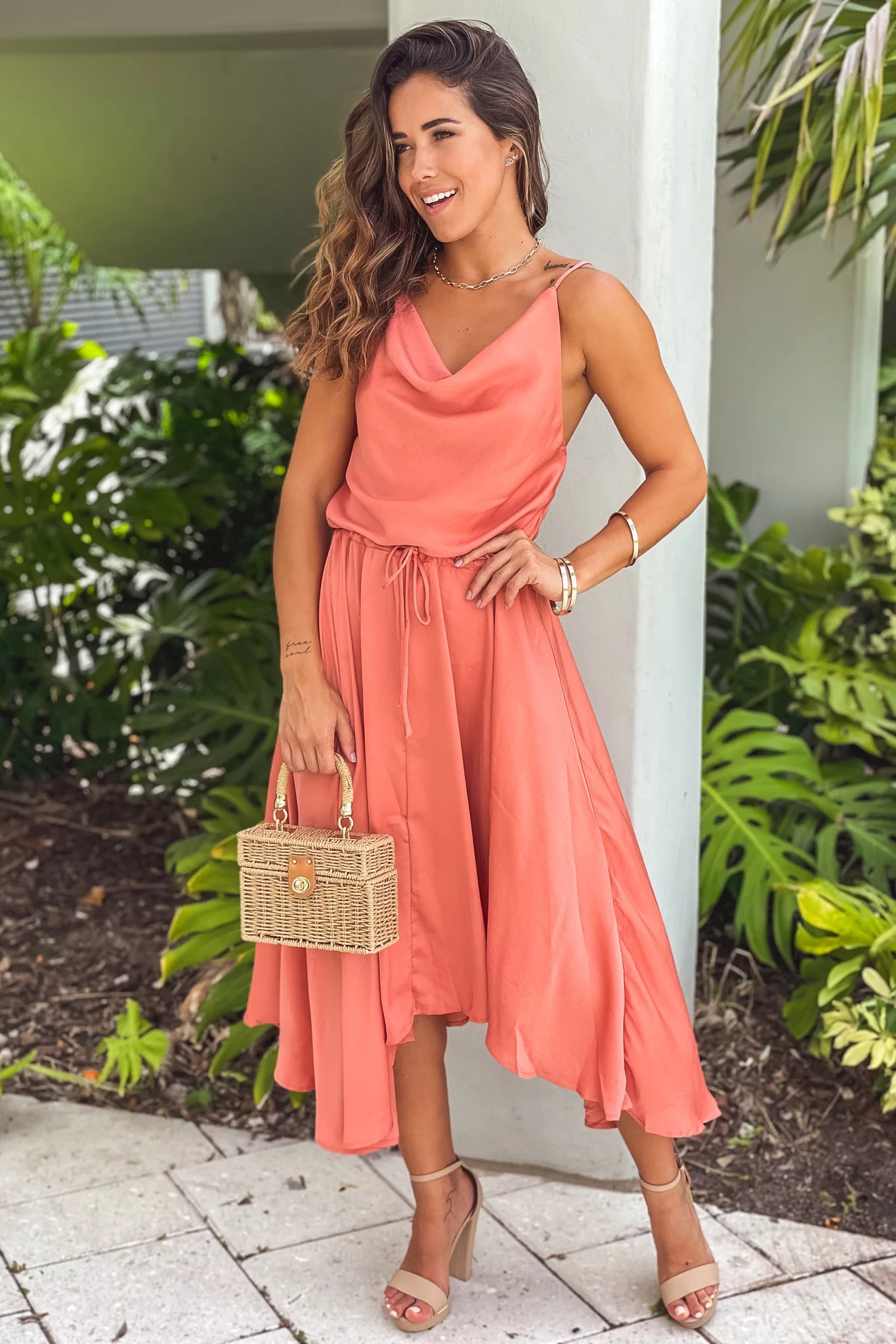 Terracotta Satin Midi Dress With Cowl Neck