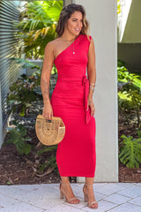 Red Ruched One Shoulder Dress