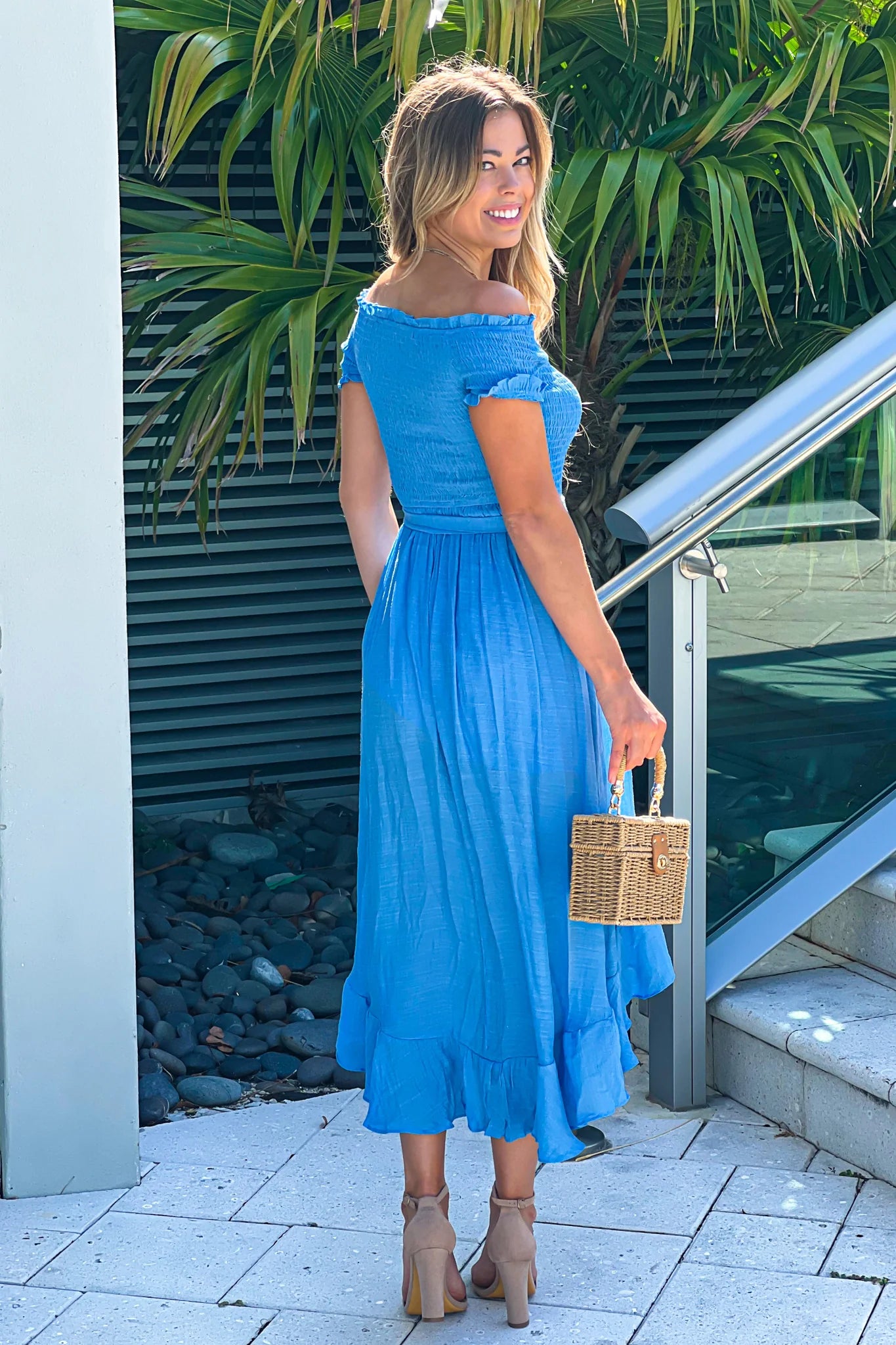 Blue Off Shoulder High Low Dress