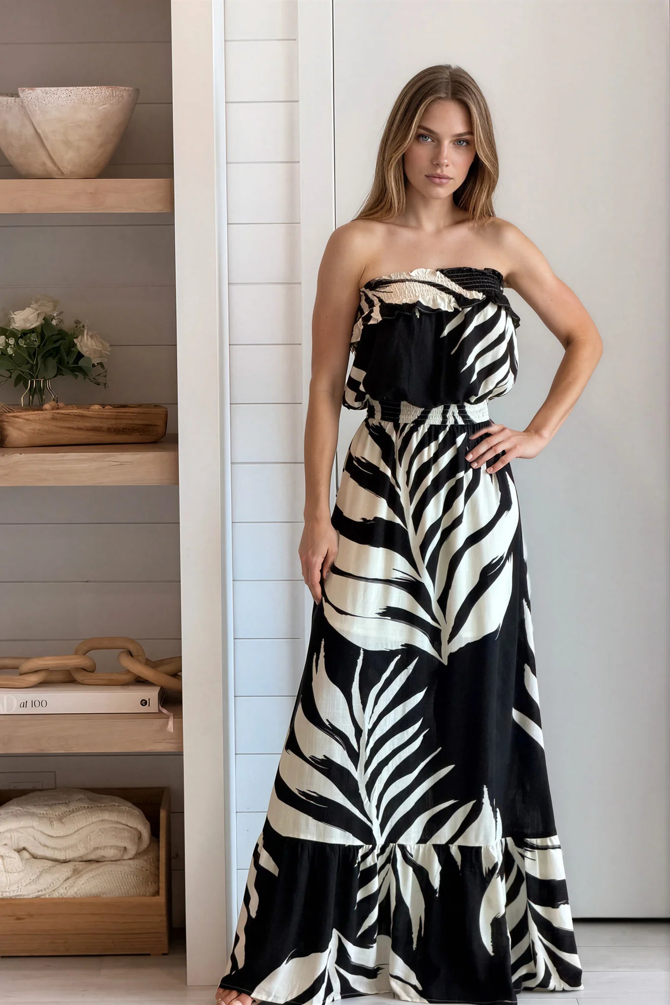 Black Leaf Print Maxi Dress