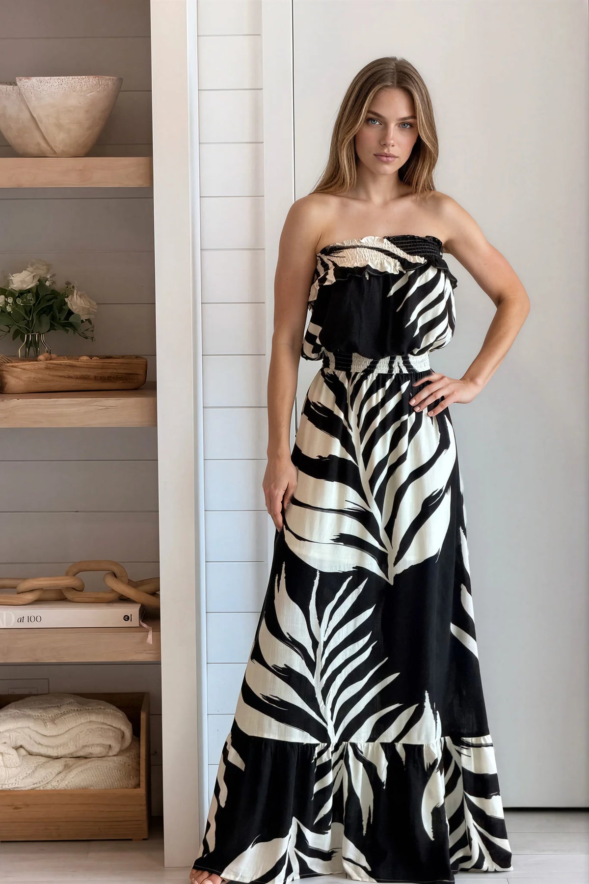 Black Leaf Print Maxi Dress