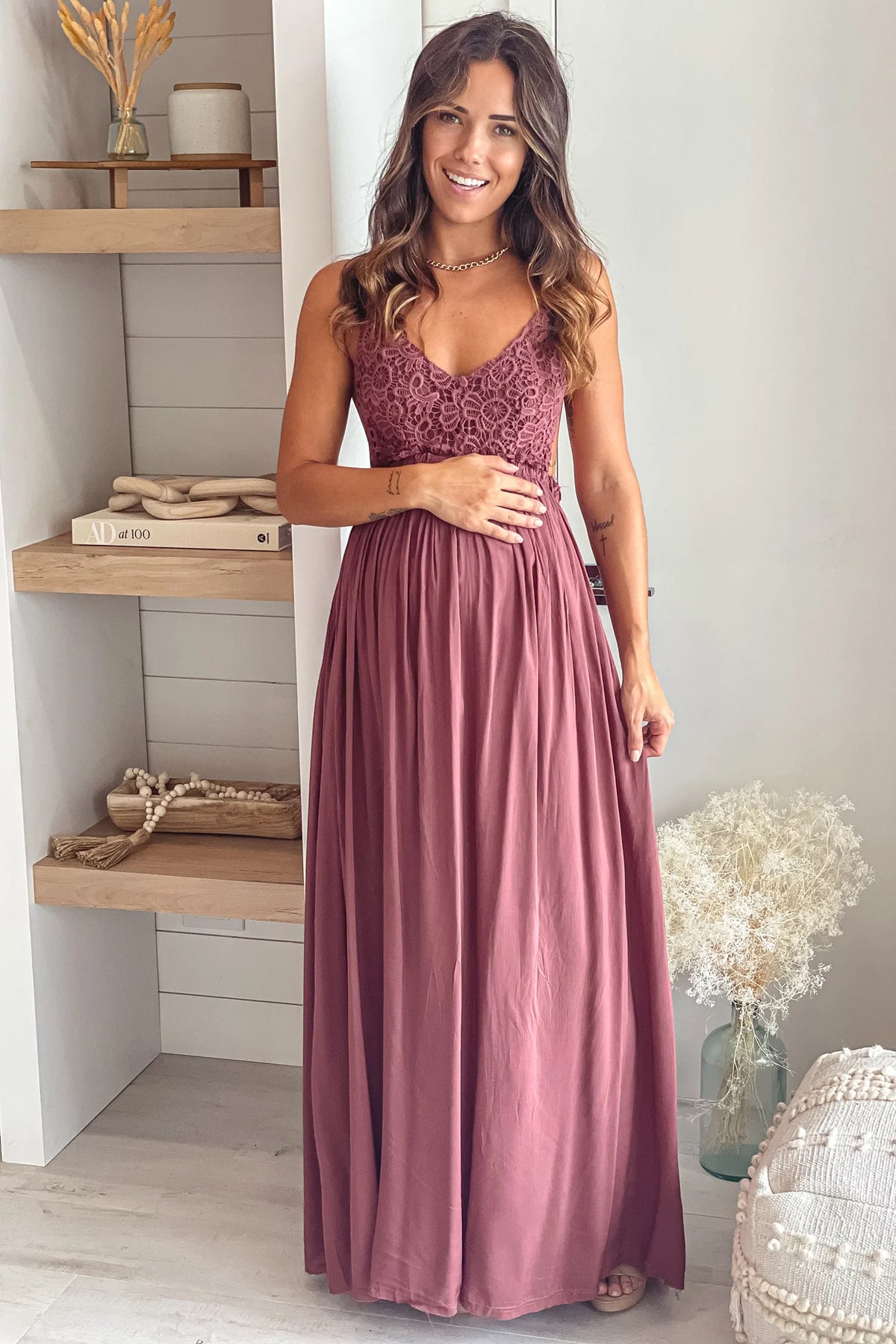 Brick Crochet Top Maternity Maxi Dress with Frayed Hem