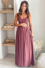 Brick Crochet Top Maternity Maxi Dress with Frayed Hem