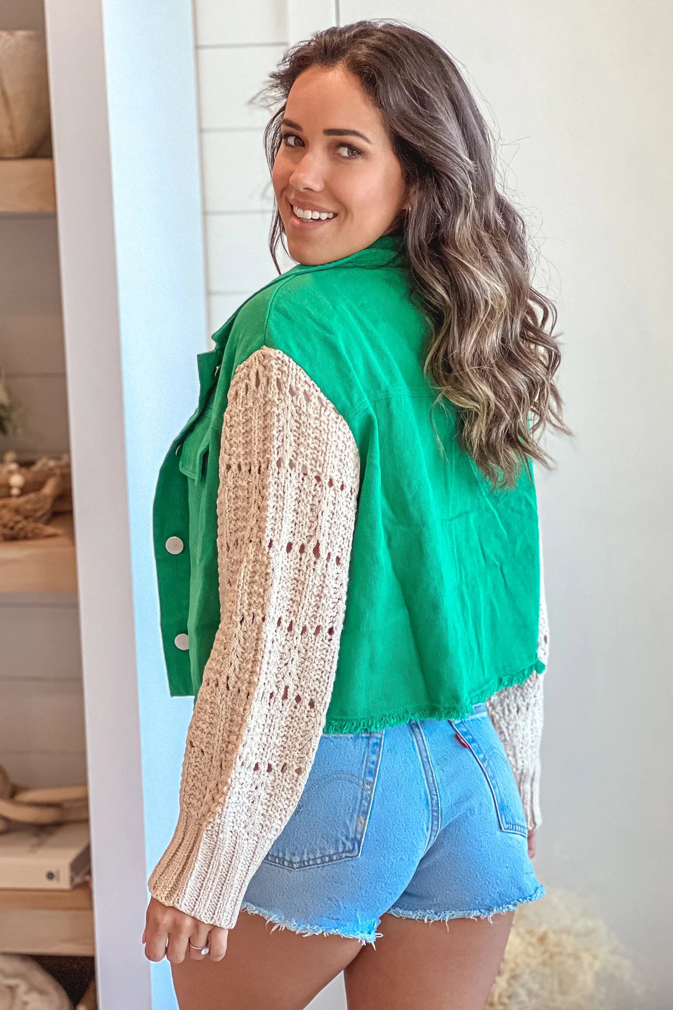 Jade Denim Jacket With Crochet Sleeves