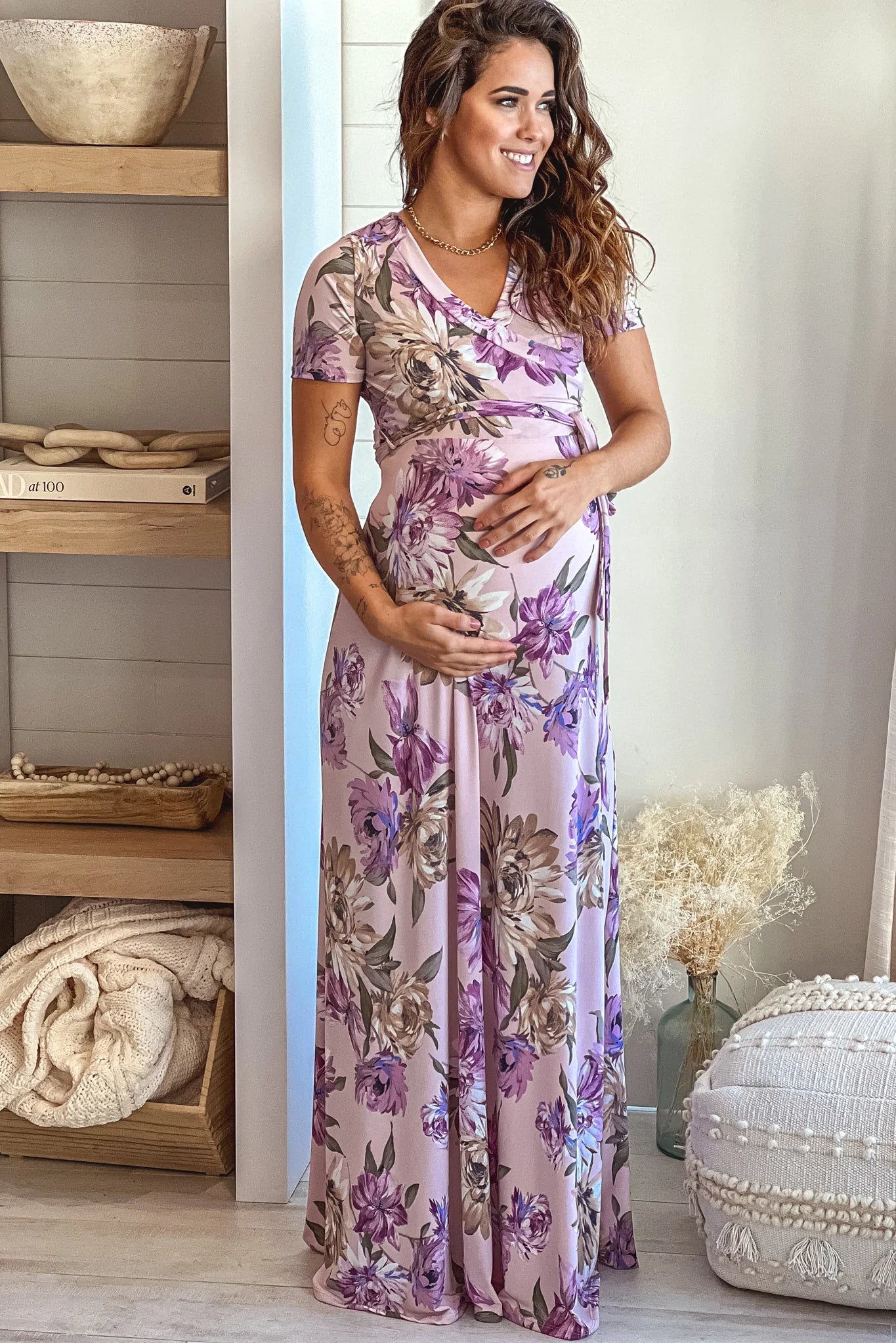 Lavender Floral Maternity Maxi Dress with Self Tie