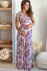 Lavender Floral Maternity Maxi Dress with Self Tie