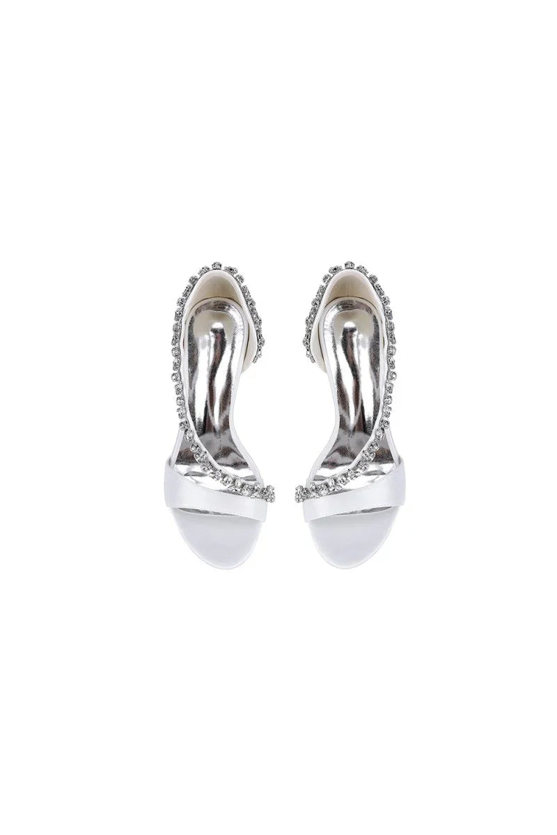 White Satin High Heels with Crystal and Chain Embellishments
