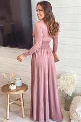 Blush V Neck Maxi Dress With Long Sleeve And Slit