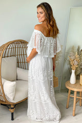 Off White Lace Off Shoulder Maternity Maxi Dress