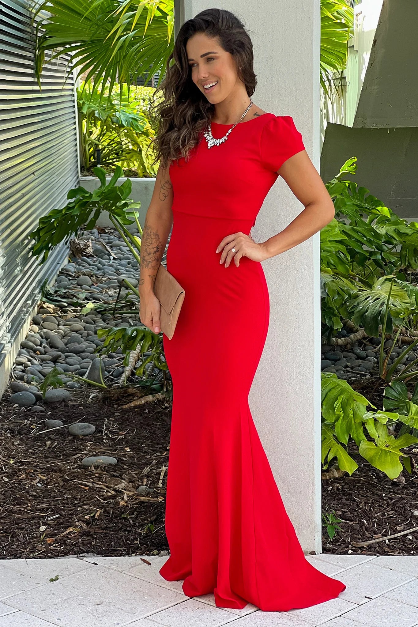 Red Cap Sleeve Maxi Dress With Open Back