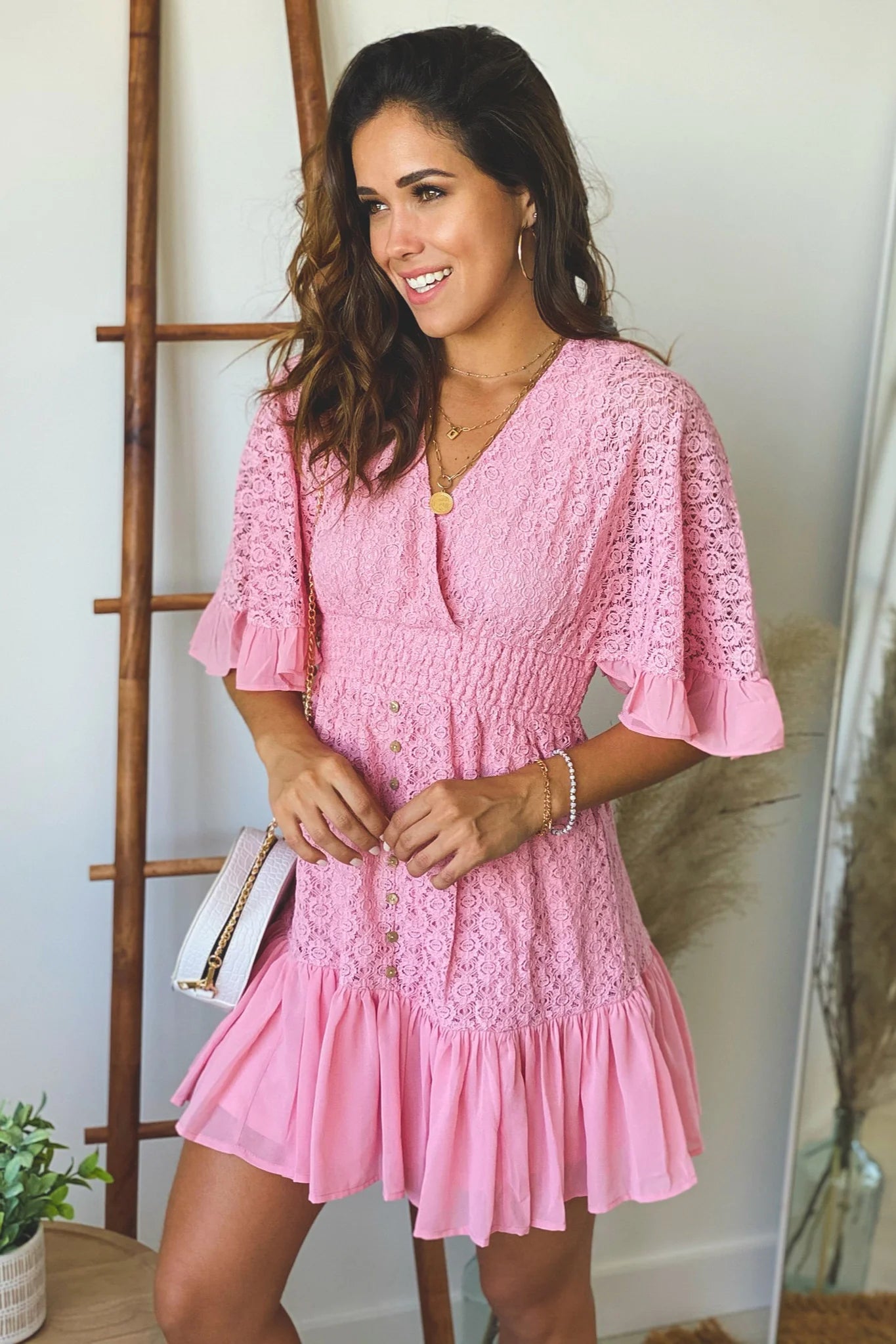 Pink Lace Short Dress With Sleeves