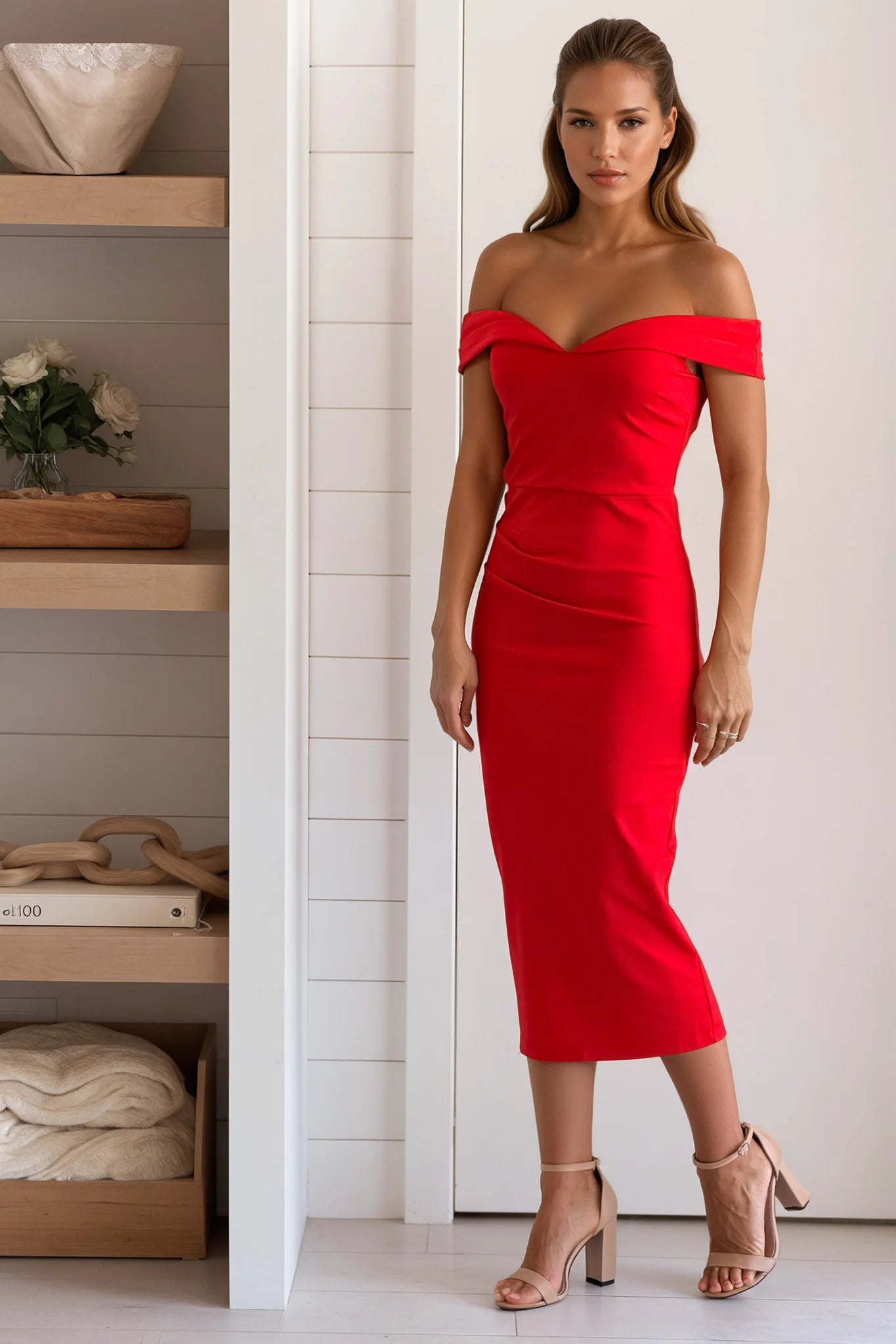 Red Pleated Off Shoulder Midi Dress