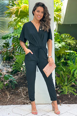 Black V Neck Jumpsuit With Pockets