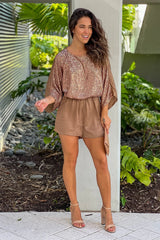 Latte Satin Romper With Sequins