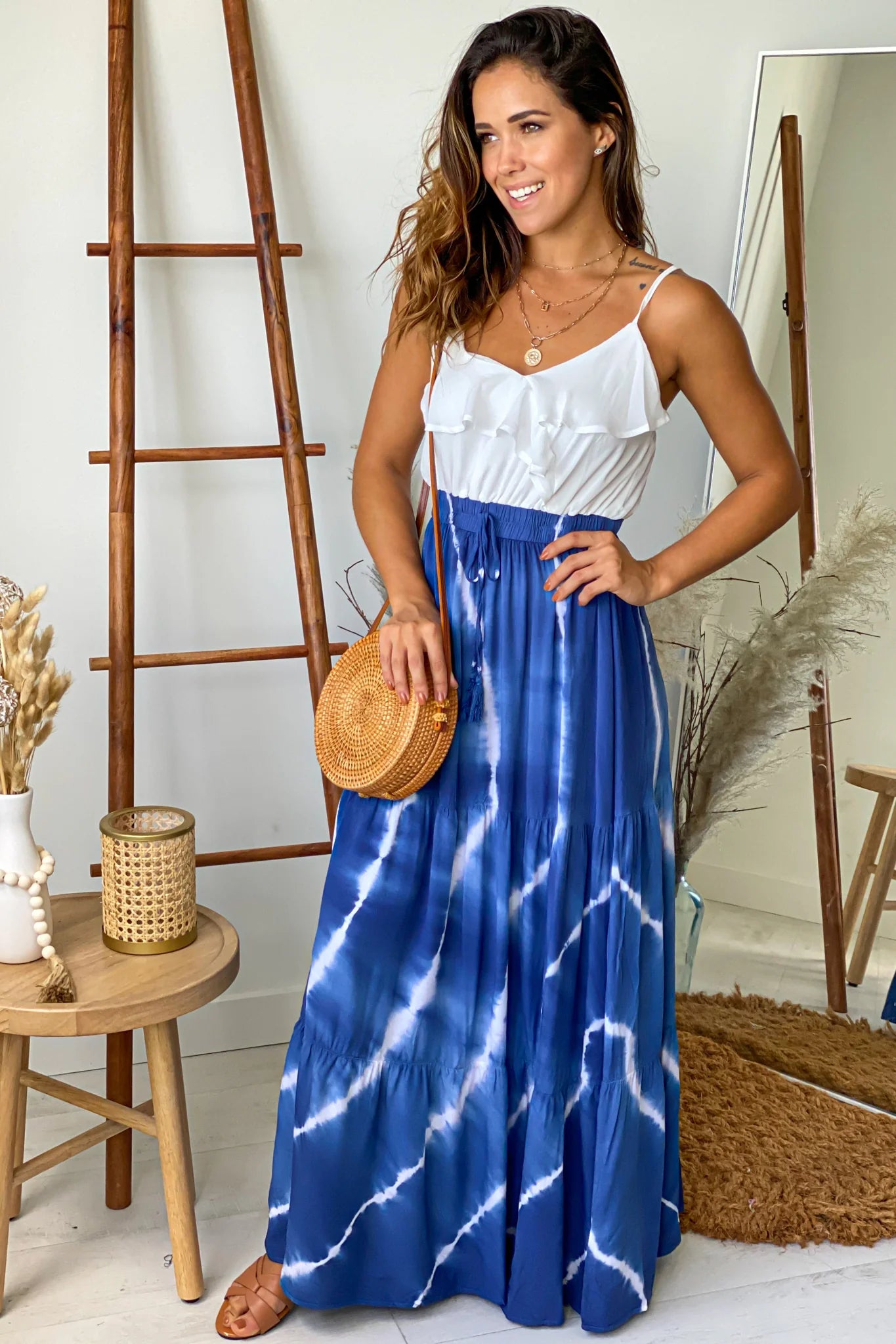 Navy And White Tie Dye Maxi Dress