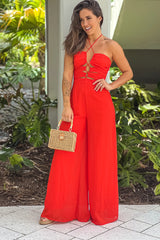 Red Jumpsuit With Detailed Cut Out Halter Top