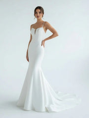 Mermaid White Spaghetti Straps Long Lace Wedding Dress
