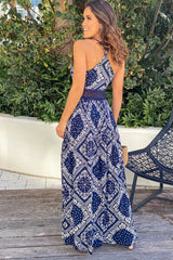 Navy Printed Maxi Dress With Crochet Waist