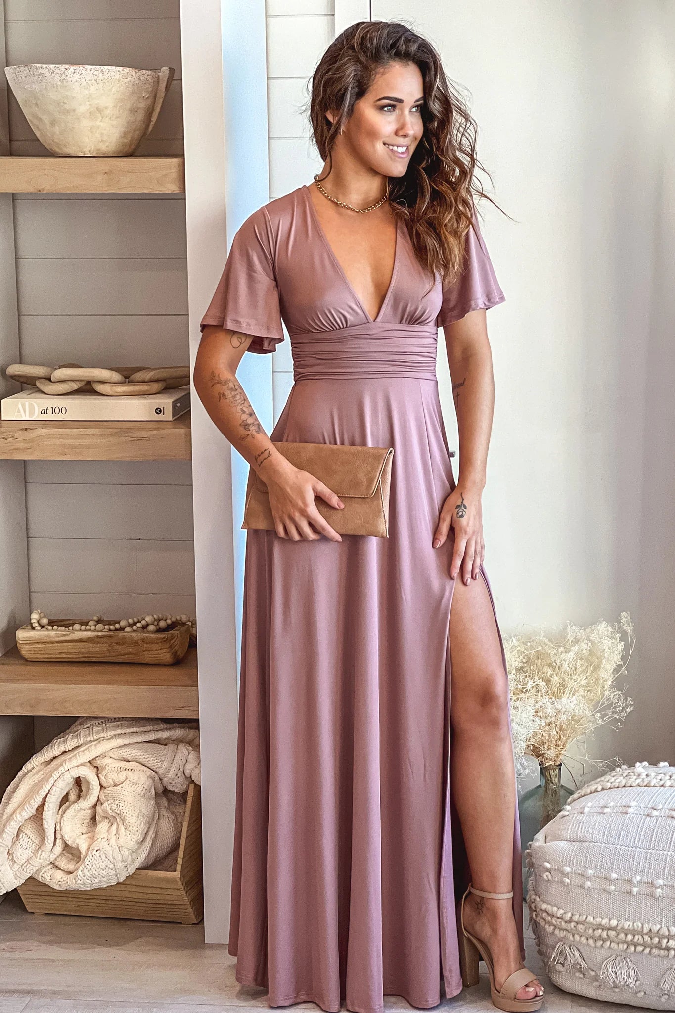 Blush Maxi Dress With Slit And Short Sleeves