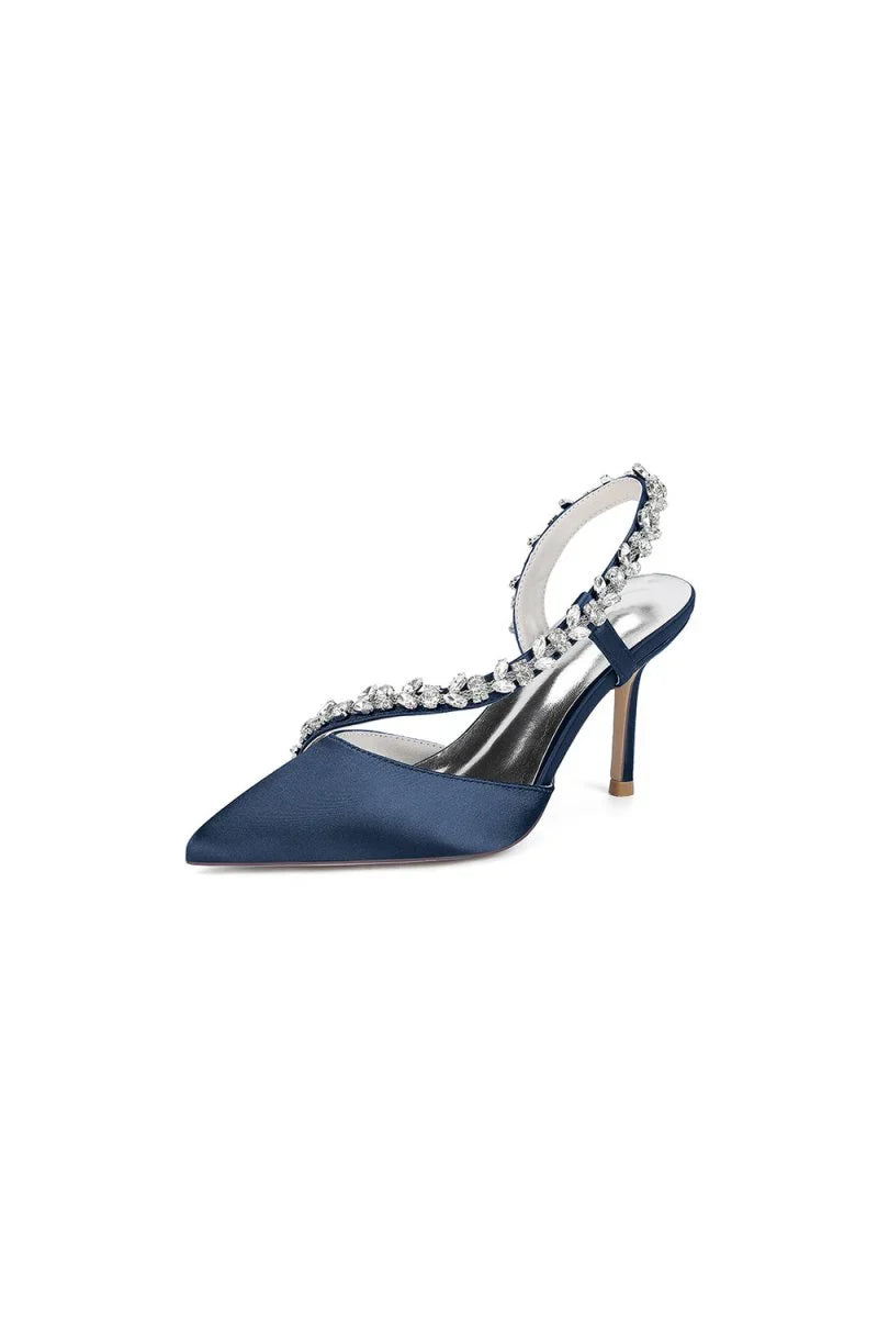 White Satin High Heels with Crystal Embellishments