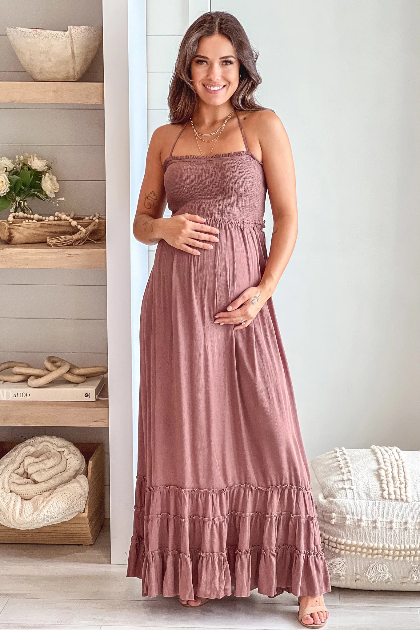 Mocha Maternity Maxi Dress With Smocked Top